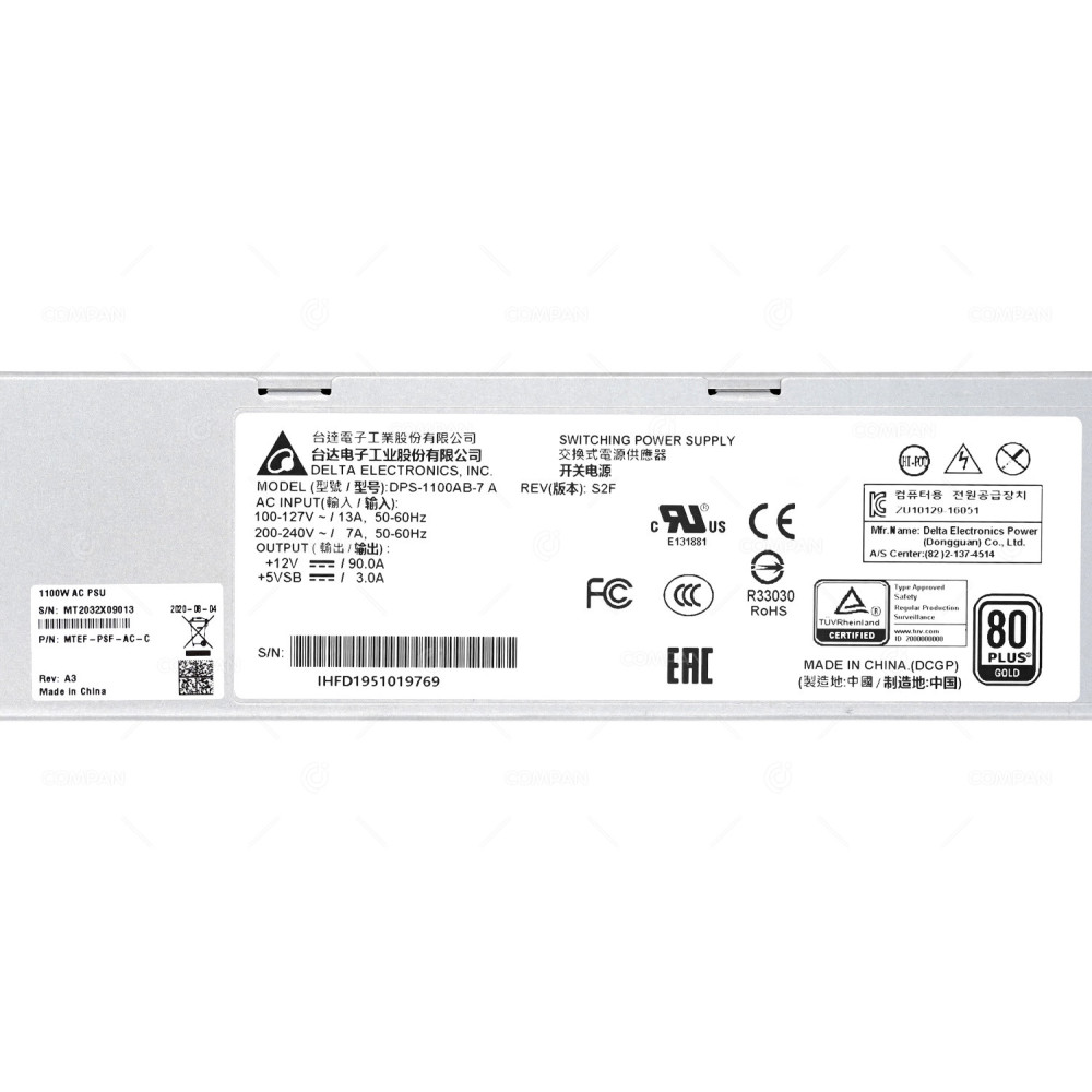 MTEF-PSF-AC-C  MELLANOX 1100W AC POWER SUPPLY P2C AIRFLOW FOR 1U 200G SYSTEMS